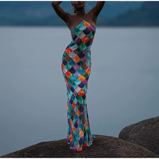 Dames halterjurk met empire taille en handgeschilderde print