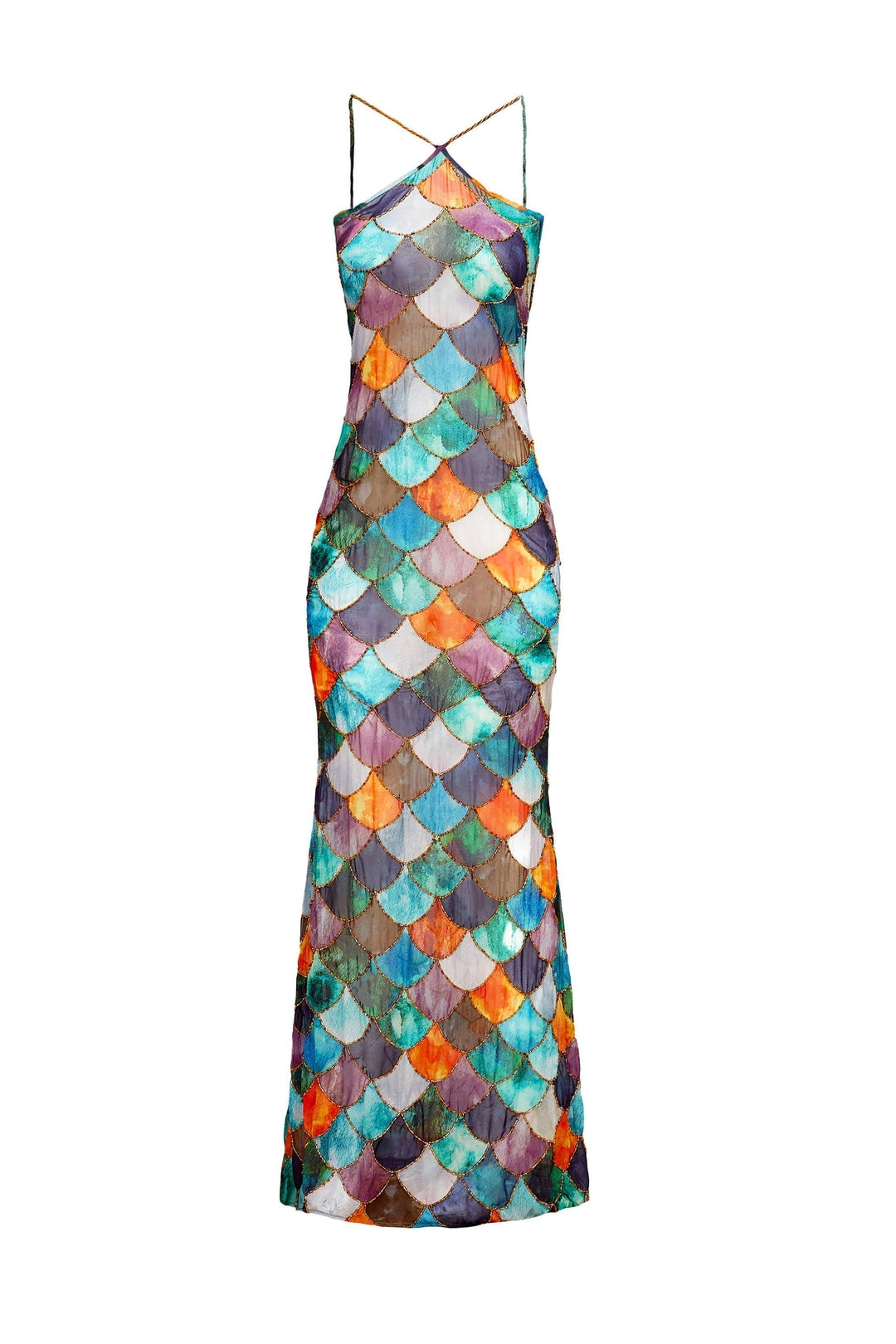 Dames halterjurk met empire taille en handgeschilderde print